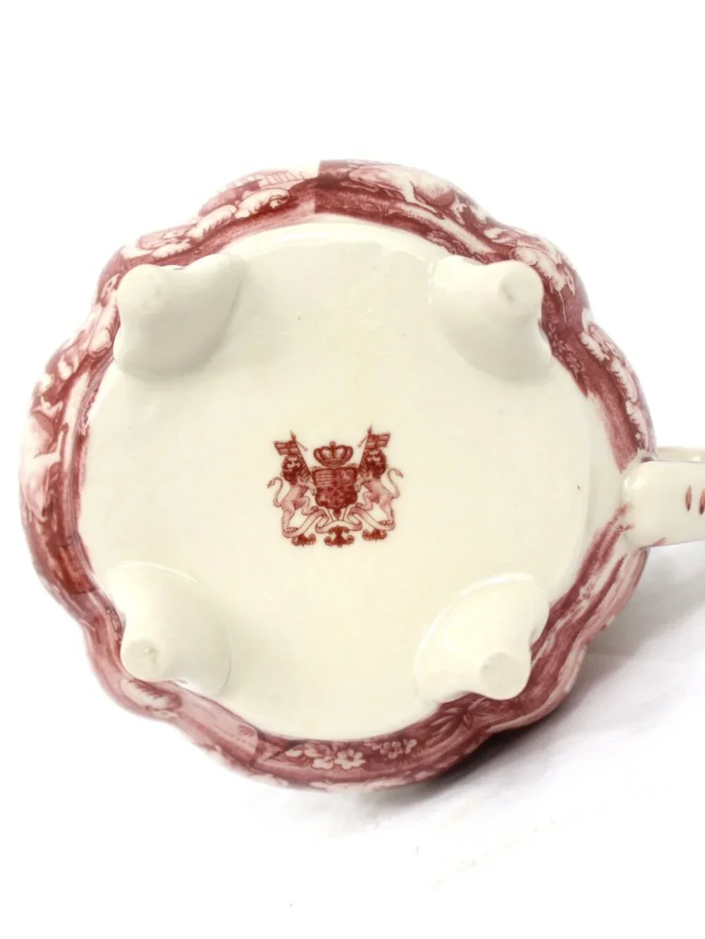 PORCELAIN RED TRANSFERWARE ANTIQUE REPRODUCTION STACKED TEA POT\DOUBLE STACK CUP